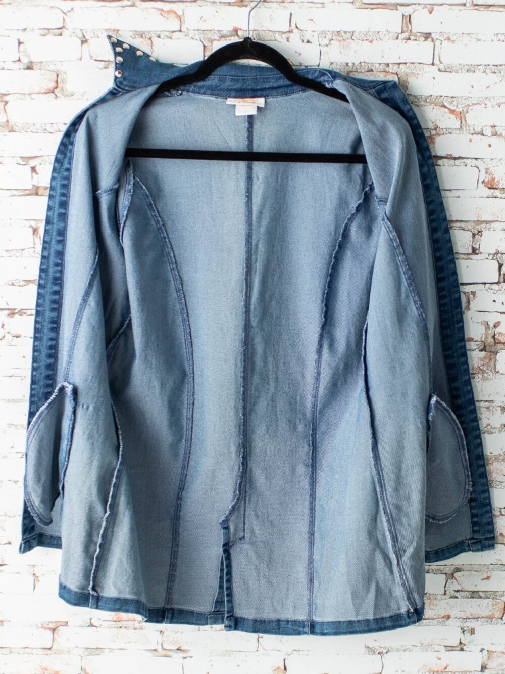 Tia Women's Small Studded Denim Duster Jacket Blue Open Front Stretch 3/4 Sleeve - Picture 7 of 10